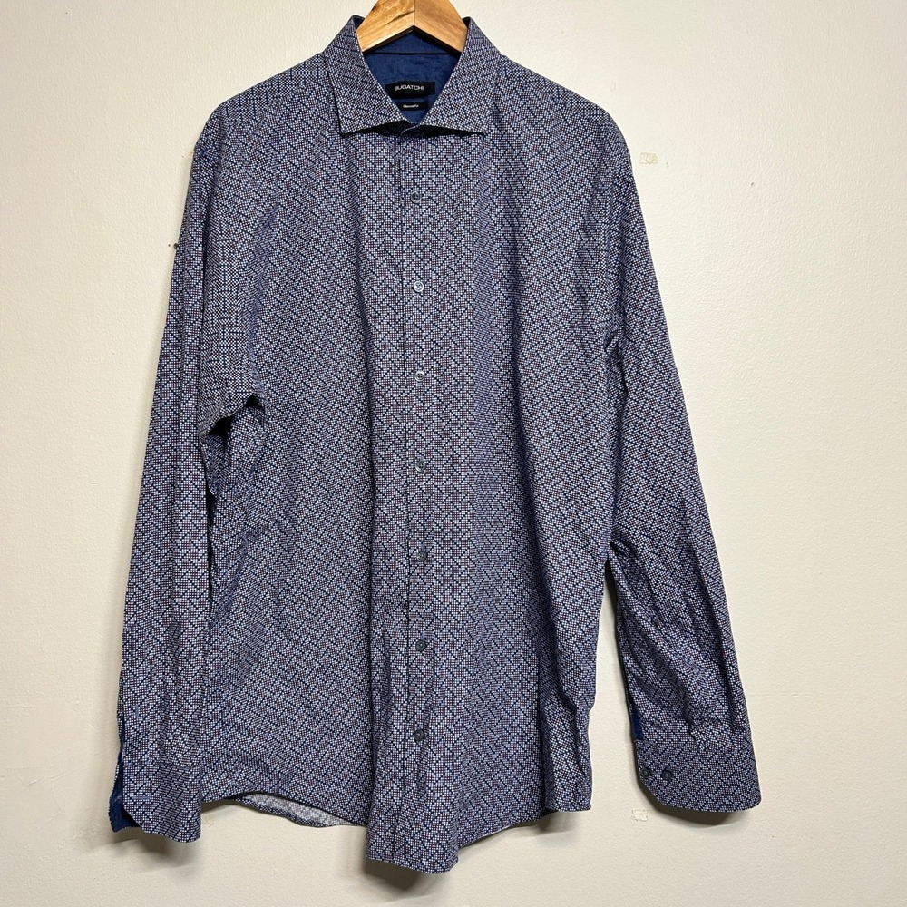 Bugatchi Classic Fit Mens Blue Geometric Print Long Sleeve Button Down Shirt